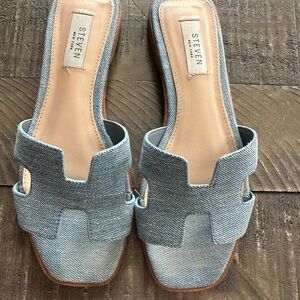 Steven By Steve Madden Blue Denim and Tan Patchwork Sandals H style